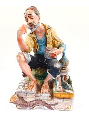 Vintage Lefton Porcelain Fisherman Figurine Old Man Fish Basket Bottle Japan